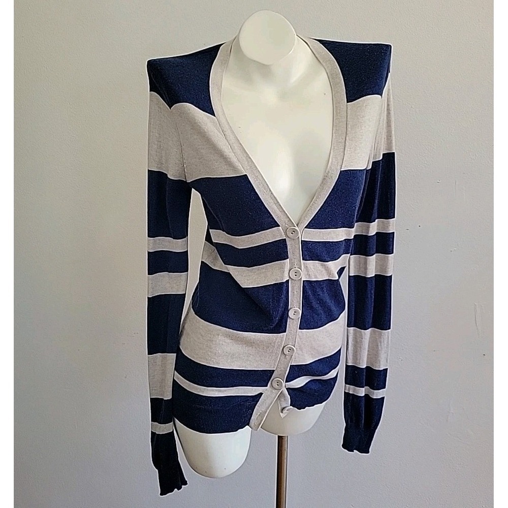 Vintageous Revolve Striped Thin Knit‎ V Neck Button Up Cardigan Sweater Preppy